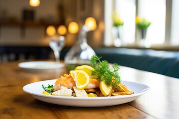 plate of fish and chips with lemon wedge and parsley