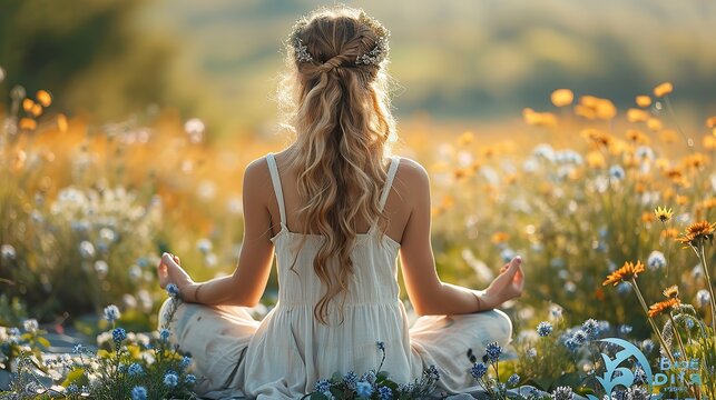 Young woman meditating in outdoor garden. A Wellness and Mindfulness Journey. Yoga women in beautiful garden generated by ai