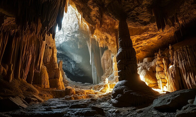 Majestic Limestone Cave Interior Illuminated by Natural Light, Featuring Stalactites and Stalagmites in an Ancient Subterranean Landscape - obrazy, fototapety, plakaty