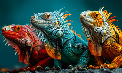 Vividly Colored Iguanas in Red, Blue, and Orange Hues Lined Up, Symbolizing Diversity, Uniqueness,...
