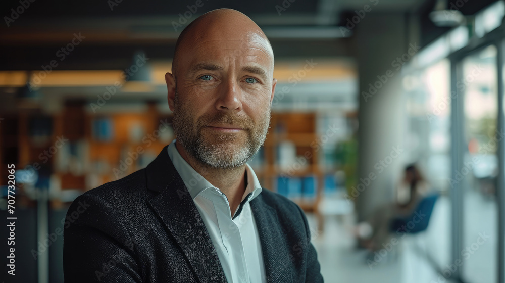 Poster a bald man with a small brown beard in a business office. generative ai.