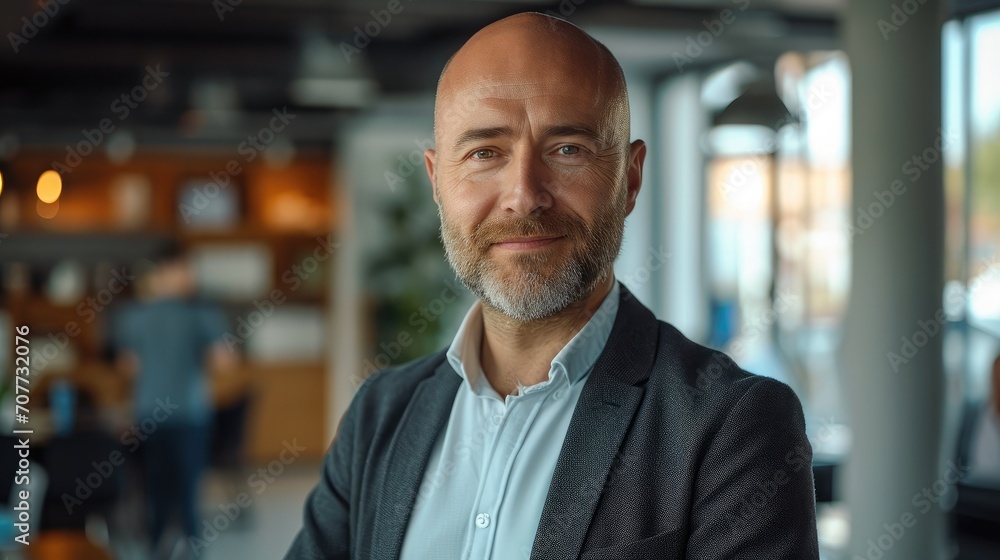 Poster a bald man with a small brown beard in a business office. generative ai.
