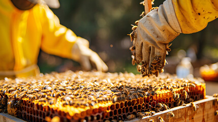 A beekeeping farm with hives beekeepers in protective gear and honey extraction process. - obrazy, fototapety, plakaty