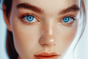 Macro portrait of a beautiful blue-eyed girl with freckles, eyes close-up