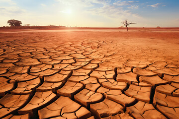 A dried, dead tree with cracked brown soil surrounding it, fragmented due to severe drought. This image is used for articles discussing drought, water scarcity, climate change. - obrazy, fototapety, plakaty