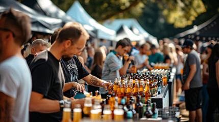 A beer festival with rows of brewery tents and people sampling different craft beers. - obrazy, fototapety, plakaty