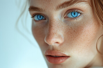Macro portrait of a beautiful blue-eyed girl with freckles