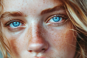 Macro portrait of a beautiful blue-eyed blonde girl with freckles, close-up eyes