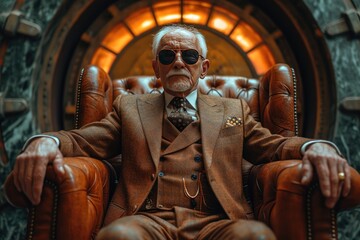 An older man exudes authority and confidence as he sits in a grand leather chair in front of a large, intricate bank vault door.