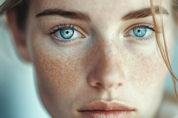 Macro Portrait of a beautiful blue-eyed girl with freckles, eyes close-up