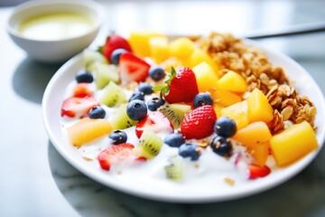 fruit salad with yogurt drizzle and granola topping