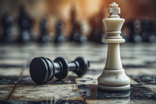 In the final position of a chess game, the white king piece stands victorious as the black king lies defeated on the wooden board.