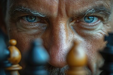 A close-up view captures the concentrated gaze of a man contemplating his next move on a chessboard, highlighting strategy and determination. - obrazy, fototapety, plakaty