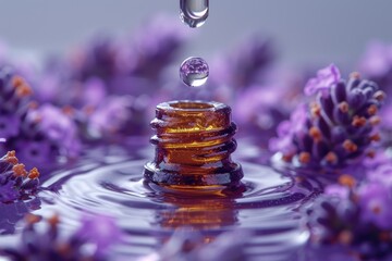 A close-up shot captures a drop of amber-colored essential oil about to fall from a dropper against a backdrop of soft purple lavender flowers.