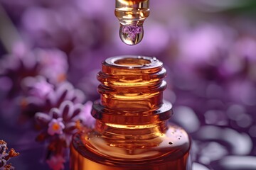 A close-up shot captures a drop of amber-colored essential oil about to fall from a dropper against...