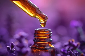 Gordijnen A close-up shot captures a drop of amber-colored essential oil about to fall from a dropper against a backdrop of soft purple lavender flowers. © photolas