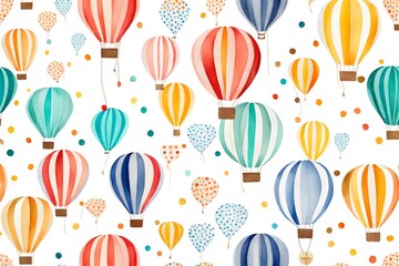 Watercolor  air balloon. Hand drawn vintage air balloons with flags garlands, polka dot pattern and retro design. background for kid banner, baby shower, birthday greeting card 