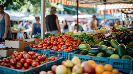 Fototapeta na wymiar A bustling farmers market with fresh produce and vibrant colors.