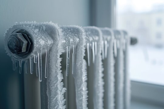 This image shows a close-up of a home radiator covered in snow and icicles against the backdrop of a winter day outside the window.