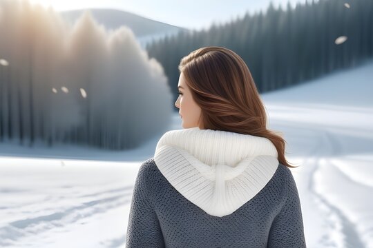 Back view portrait of a white female against winter landscape background, generative AI, background image