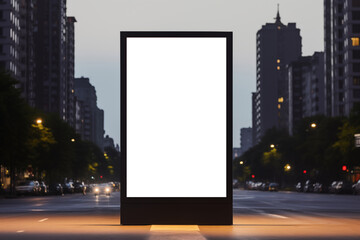 blank billboard on the city street. In the background buildings and road with cars. Mock up. The poster on the street next to the roadway
