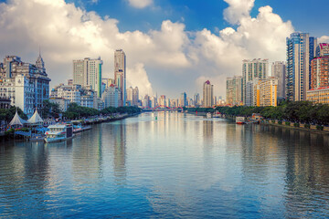 Guangzhou city, Guangdong province, China. Pearl (Zhujiang) River, Xidi Wharf and city skyline. 