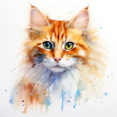 Watercolor drawing of a Maine Coon red cat on white. Watercolor with a picture of a red cat