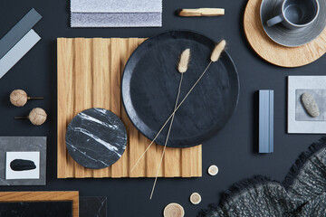 Stylish flat lay comosition of creative architect moodboard with black, beige and grey samples of...