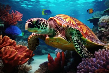 Fototapeta na wymiar Vibrant Sea Turtle Gliding Through a Coral Paradise in the Depths of the Ocean. Generative AI