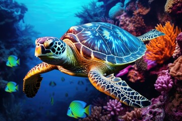 Naklejka na ściany i meble Vibrant Sea Turtle Gliding Through a Coral Paradise in the Depths of the Ocean. Generative AI