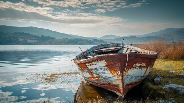 Old rusty fishing boat on the slope along. Ai generative