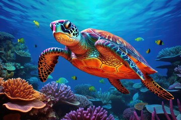 Obraz na płótnie Canvas Vibrant Sea Turtle Gliding Through a Coral Paradise in the Depths of the Ocean. Generative AI