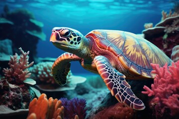 Fototapeta na wymiar Vibrant Sea Turtle Gliding Through a Coral Paradise in the Depths of the Ocean. Generative AI