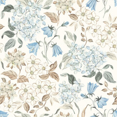 Vintage floral seamless pattern with delicate watercolor flowers and leaves on ivory color background, hand drawn illustration for textile or wallpapers, nostalgic pattern. - 707734227