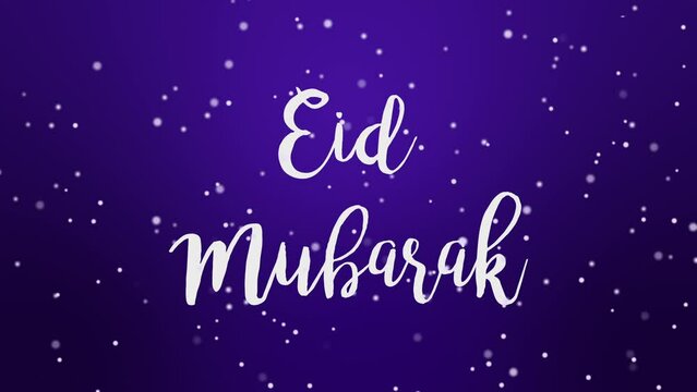 Sparkly Eid Mubarak greeting card video animation with handwritten text and glitter particles flickering on purple background