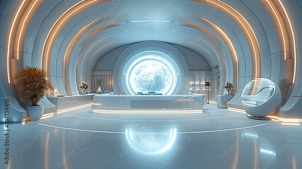Aufkleber Front desk, Hall of future science and technology in the style of futuristic spacecraft design, Luxurious. Generative AI.