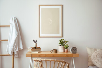 Interior design of cozy bedroom with mock up poster frame, beige bedding, plants, armchair,  beige...