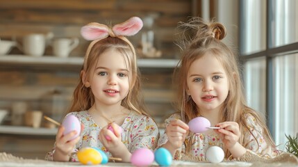 Two beautiful little girl painting Easter eggs. Generative AI.