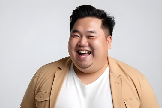 Portrait of a laughing fat asian male against white background, generative AI, background image