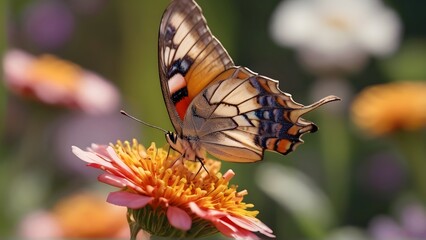 Fototapeta na wymiar Butterflies fluttering among vibrant flowers in a sunny garden, generative AI, background image
