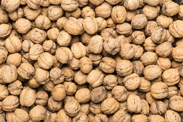 Many whole walnuts, view from above