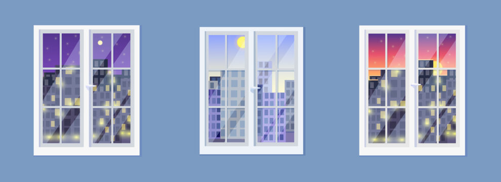Illustration of white windows on a blue background with different views of city buildings. View of the city during the day, at night and when it gets dark. An ordinary window.