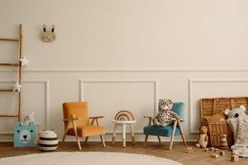 Warm and cozy kids room interior with orange and beige armchair, white stool, round rug, plush...