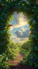 An arch made of thick grapes with leaves covered with dew, In the opening of the arch there is a beautiful sky with clouds. Generative AI.