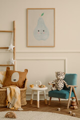 Cozy kids room interior with mock up poster frame, plush toys, brown pillow, blue armchair, round...