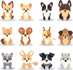 A set of twelve cute cartoon dogs is displayed in a clean vector illustration.