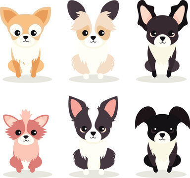 Six cute Chihuahua dogs are depicted in different colors in a vector illustration.