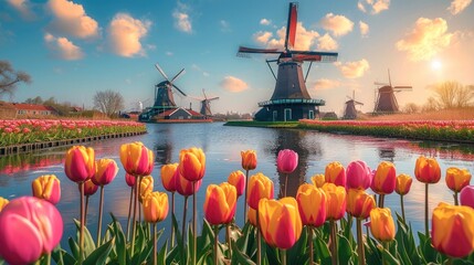 Multi-colored tulips in the foreground, In the background there are windmills. Generative AI. - obrazy, fototapety, plakaty