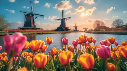 Multi-colored tulips in the foreground, In the background there are windmills. Generative AI.