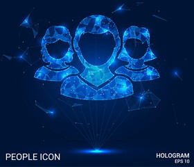 A hologram of a human icon. A human icon made of polygons, triangles of dots and lines. The human icon is a low-poly compound structure. Technology concept vector.